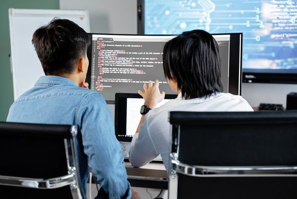 Two professionals collaborating on an artificial intelligence project